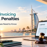UAE e-invoicing fines and penalties with Dubai skyline, electronic invoice, and compliance documents
