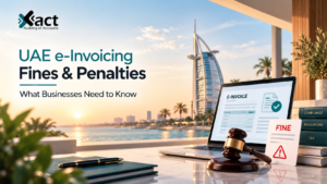 UAE e-invoicing fines and penalties with Dubai skyline, electronic invoice, and compliance documents