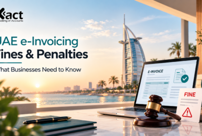 UAE e-invoicing fines and penalties with Dubai skyline, electronic invoice, and compliance documents