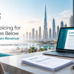 UAE eInvoicing for businesses below AED 50 million revenue, featuring Xact Auditing branding, a laptop displaying an electronic invoice, and the Dubai skyline.