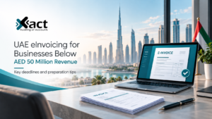UAE eInvoicing for businesses below AED 50 million revenue, featuring Xact Auditing branding, a laptop displaying an electronic invoice, and the Dubai skyline.