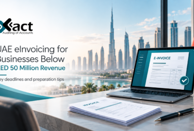 UAE eInvoicing for businesses below AED 50 million revenue, featuring Xact Auditing branding, a laptop displaying an electronic invoice, and the Dubai skyline.