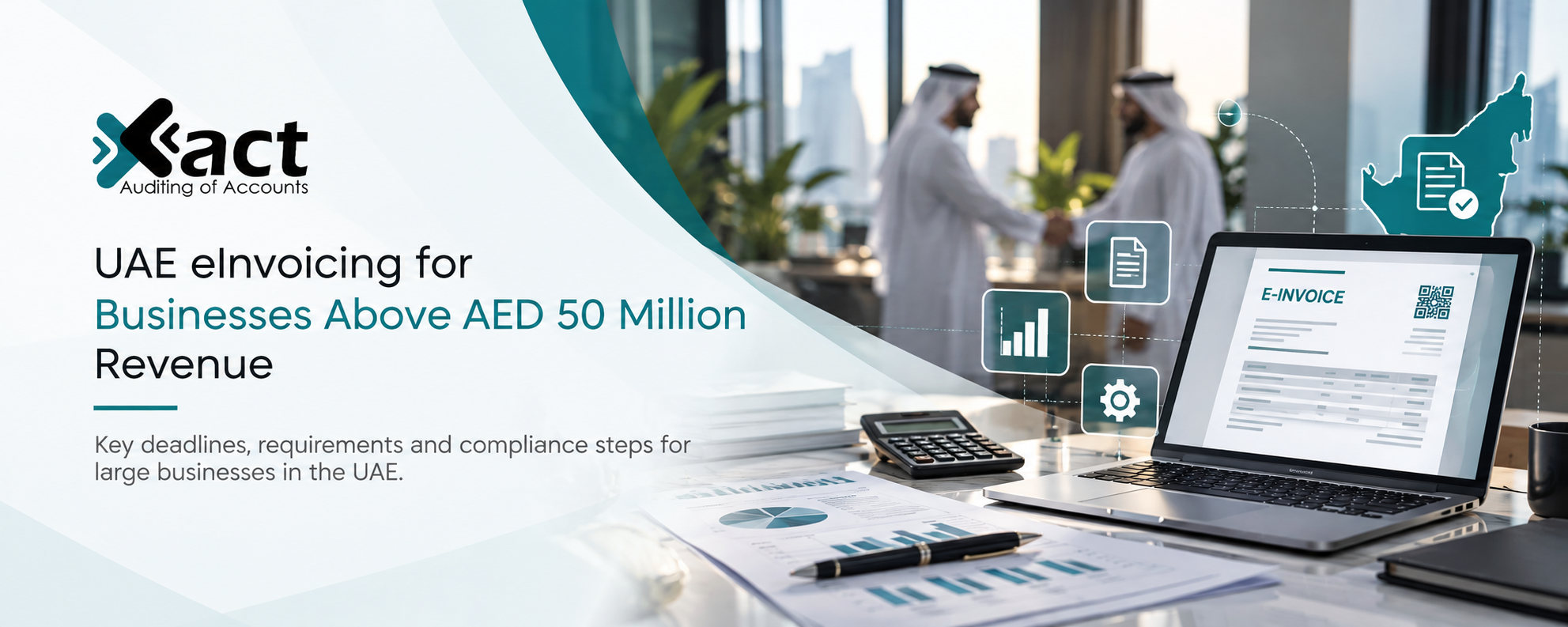 UAE eInvoicing for businesses above AED 50 million revenue, featuring financial charts and digital invoicing.